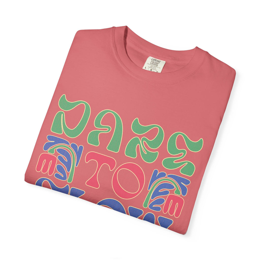 Dare To Flow T-Shirt | Textured Retro Groovy Typography, Colorful Wave Design