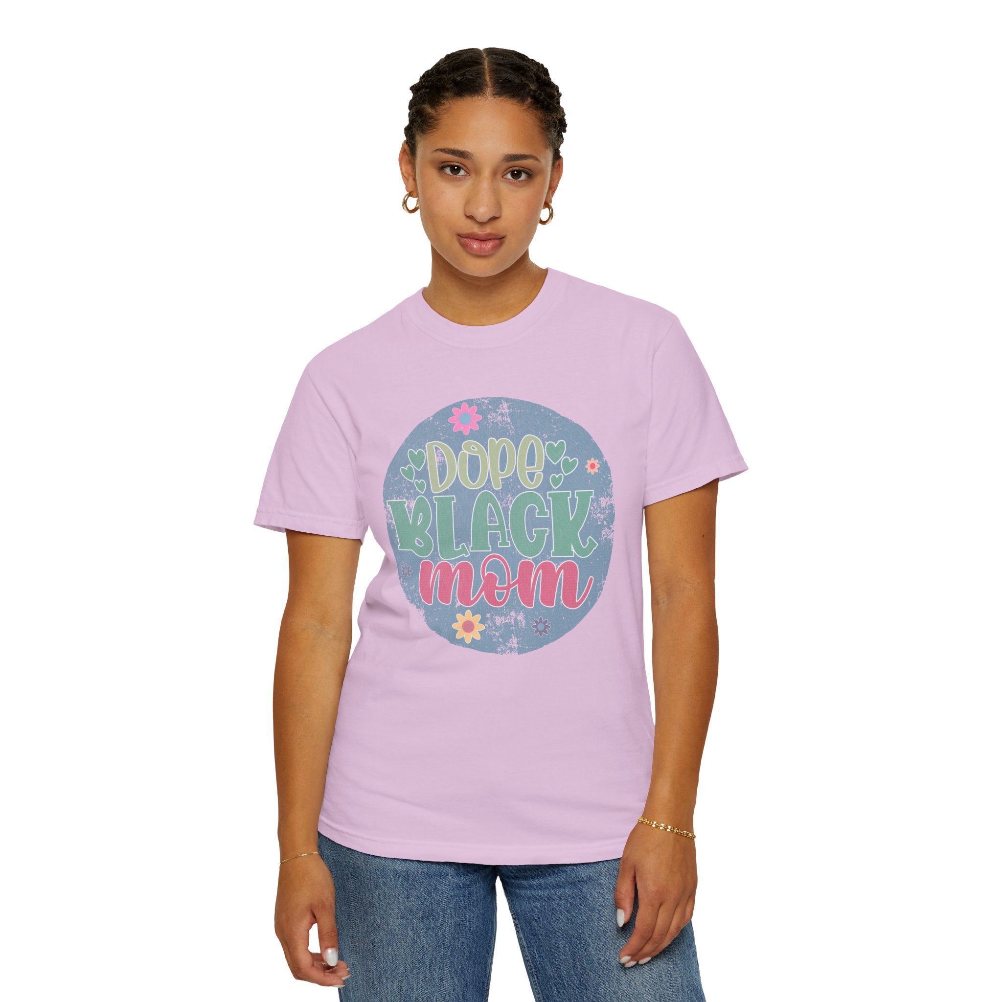 Dope Black Mom Textured T-Shirt — Floral Retro Circle Graphic Tee for Mothers