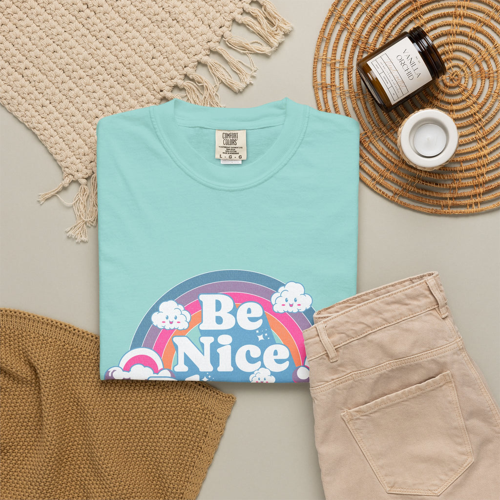 Be Nice Please Textured T-Shirt — Retro Rainbow Positive Message Tee