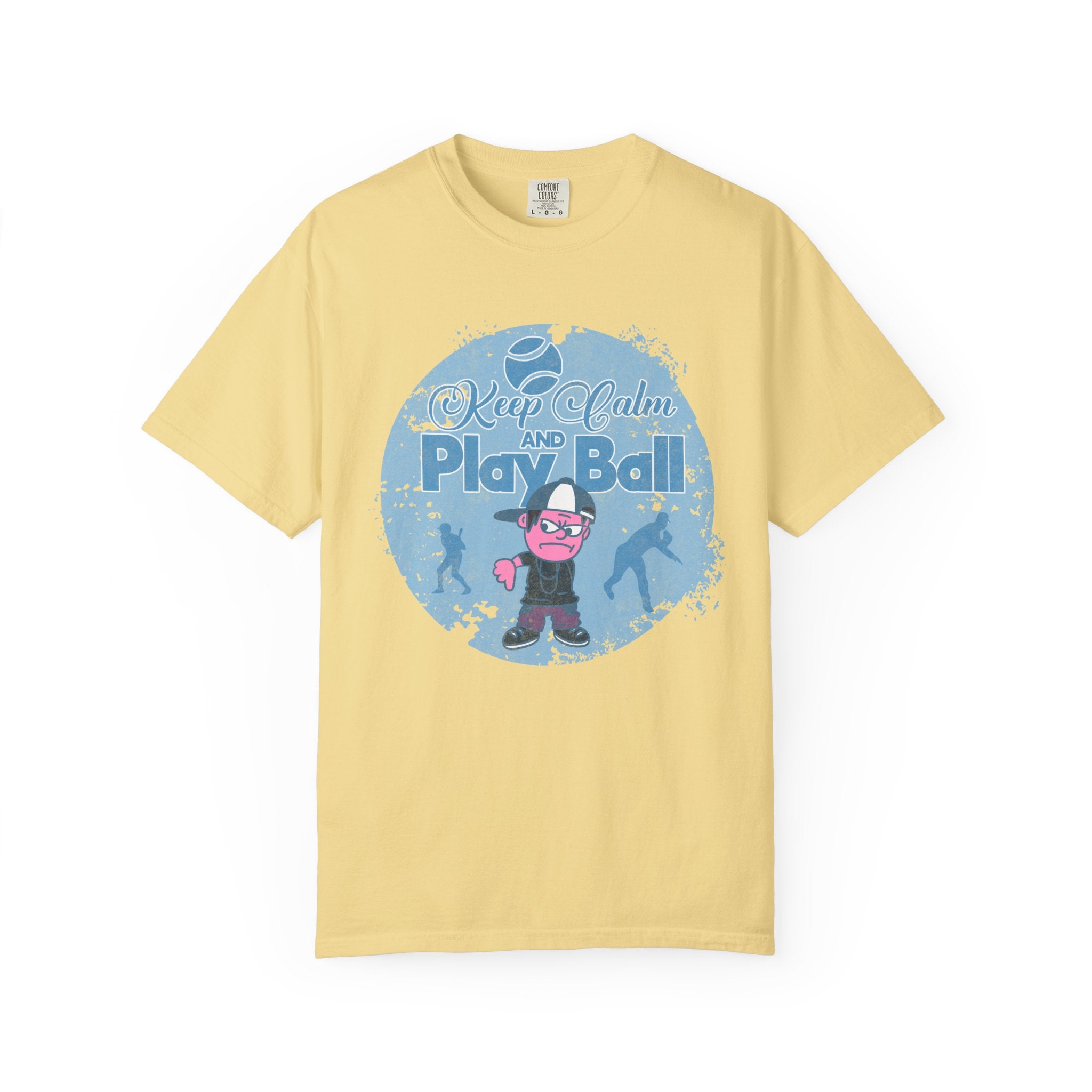 Textured Keep Calm and Play Ball Baseball T-Shirt — Cute Mascot Sports Tee for Kids & Fans