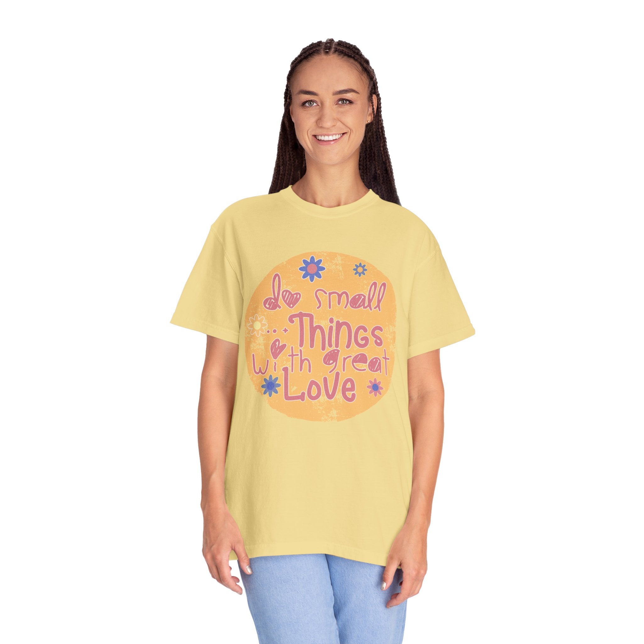 Textured Inspirational Tee — "Do Small Things With Great Love" Floral Graphic