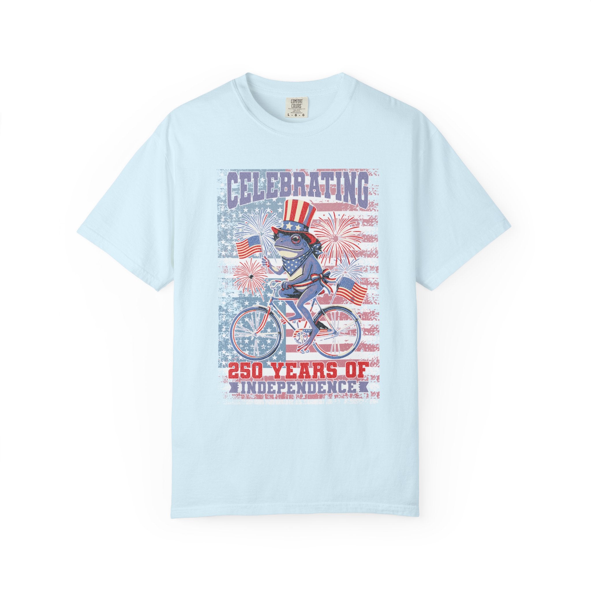 Textured Independence Day Patriotic T-Shirt — "Celebrating 250 Years of Independence" Bicycle Uncle Sam Design