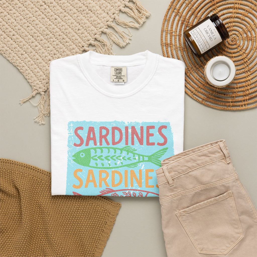 Sardines Colorblock Graphic Textured T-Shirt — Retro Coastal Fish Tee