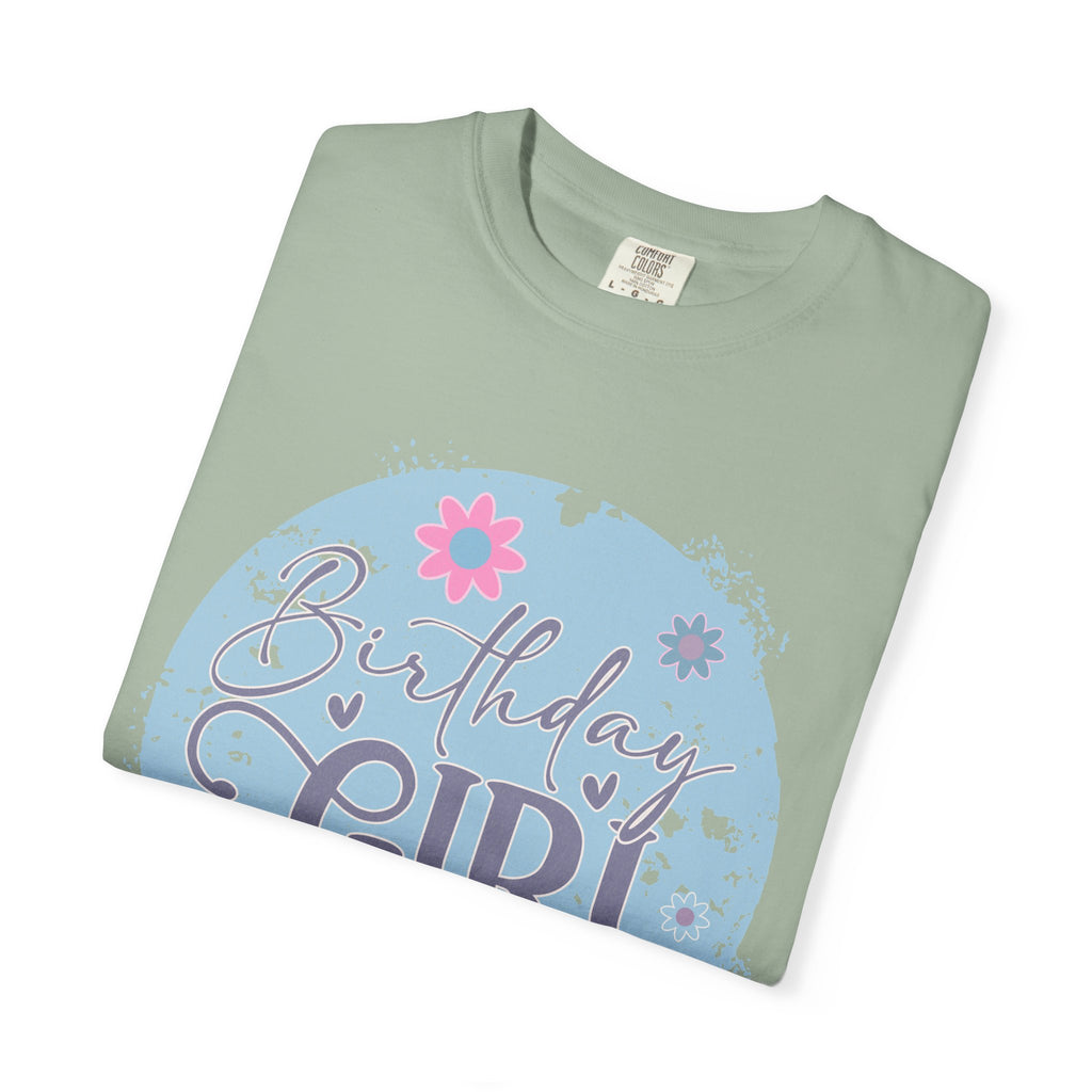 Birthday Girl Textured T-Shirt — Floral Blue Circle Graphic