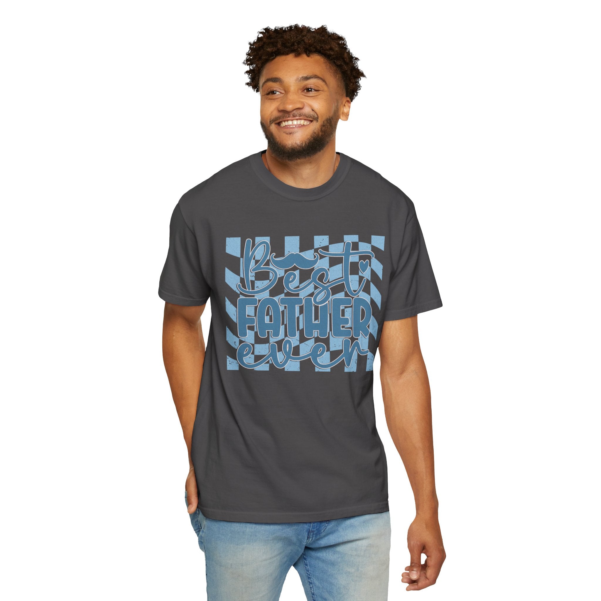 Textured Best Father Ever T-Shirt — Retro Blue Check Fathers Day Tee