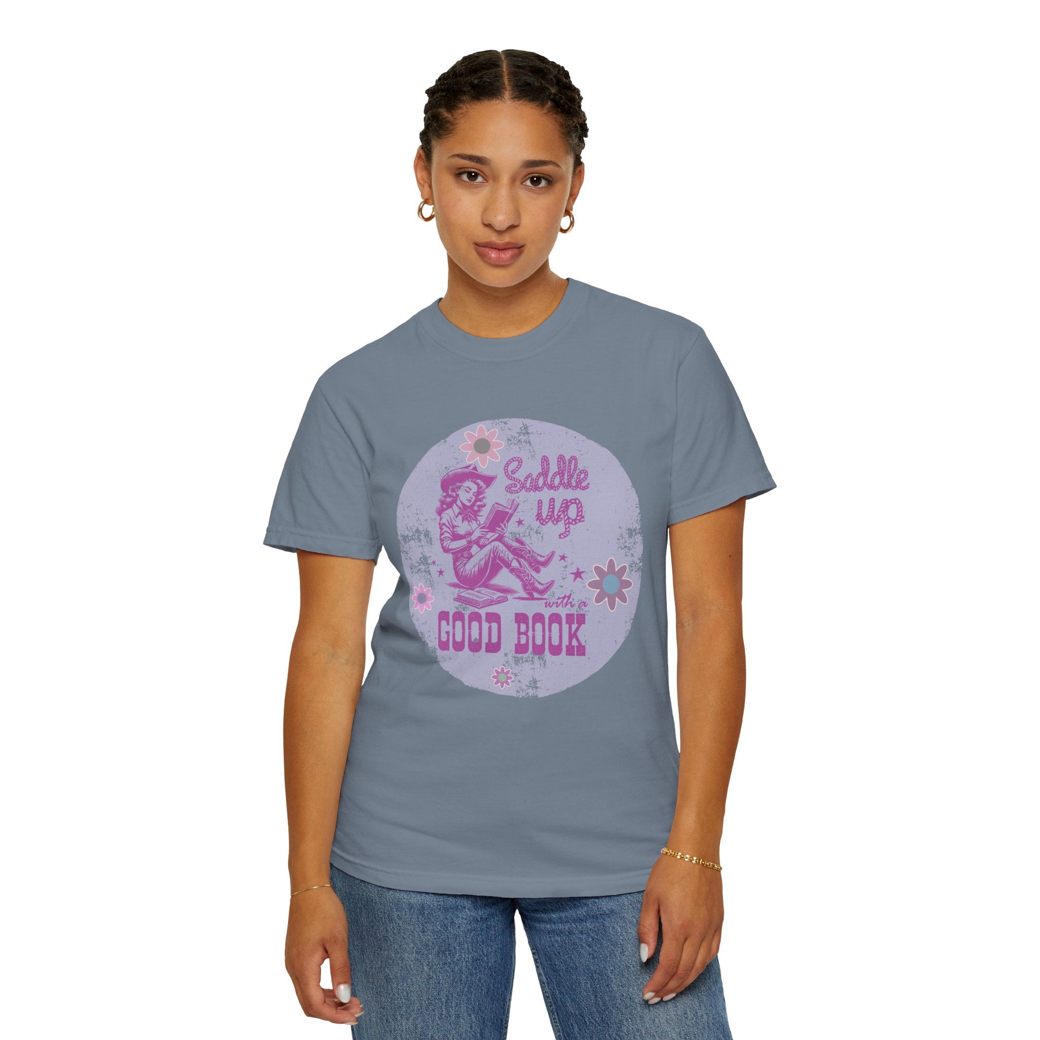 Textured T-Shirt — “Saddle Up Good Book” Retro Western Graphic Tee