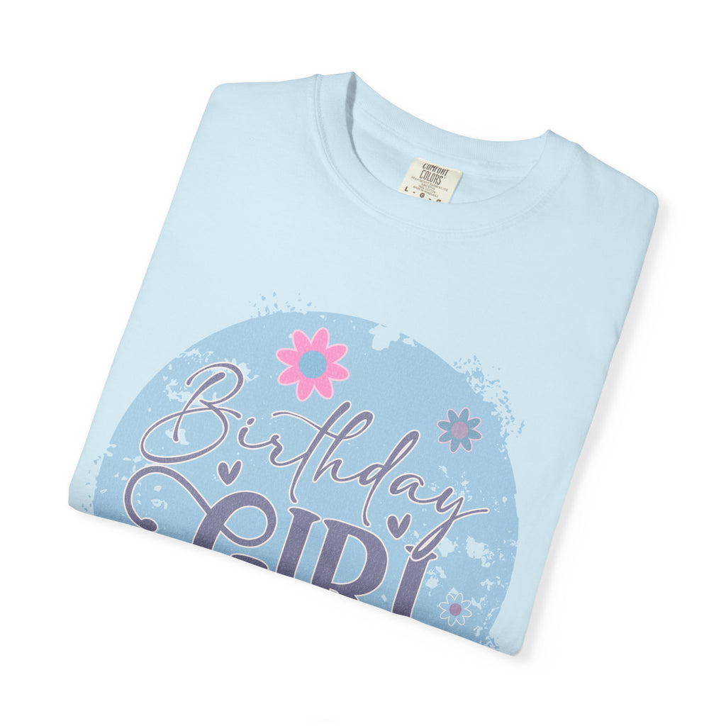 Birthday Girl Textured T-Shirt — Floral Blue Circle Graphic