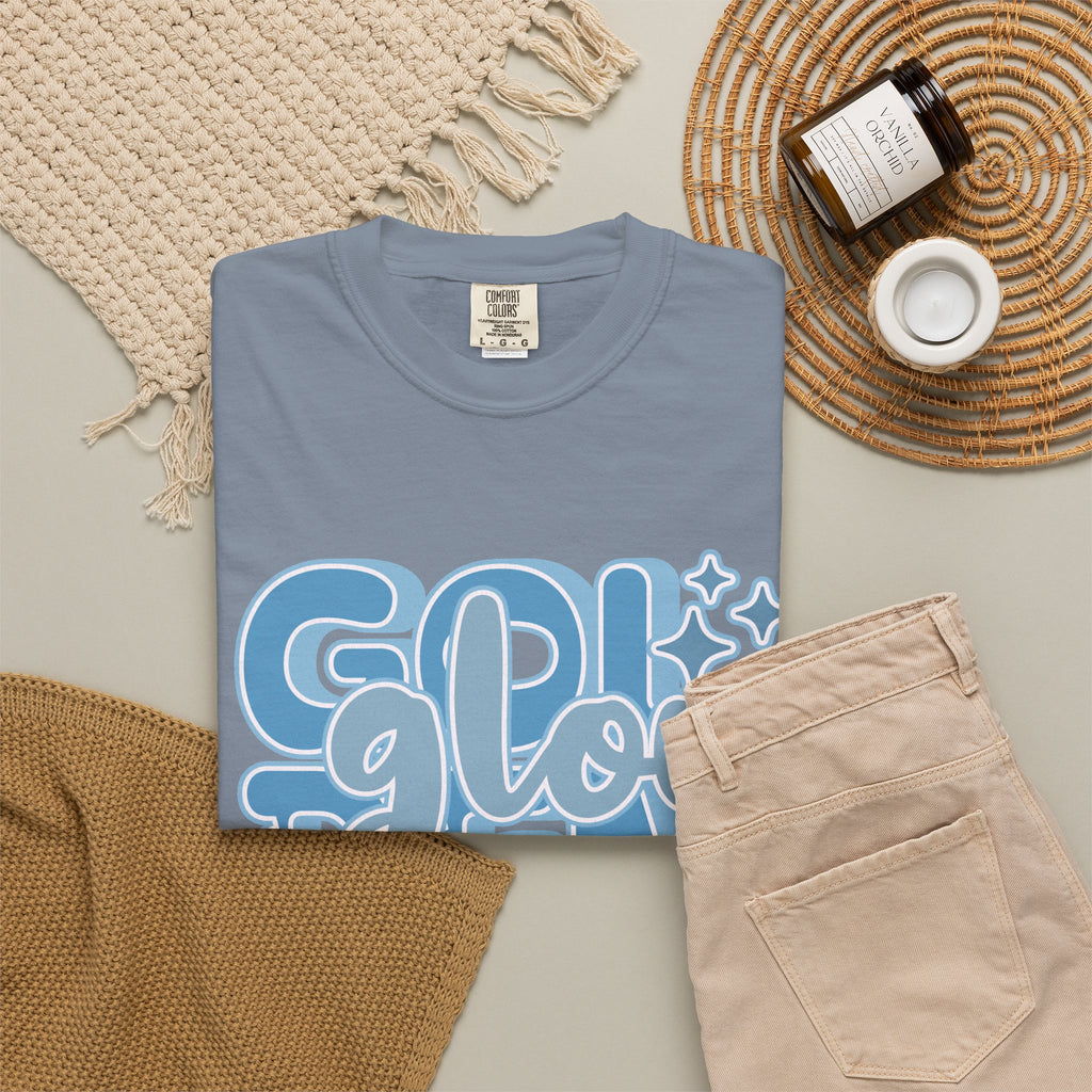 Golden Glow Textured  T‑Shirt — Retro Blue Script Graphic Tee