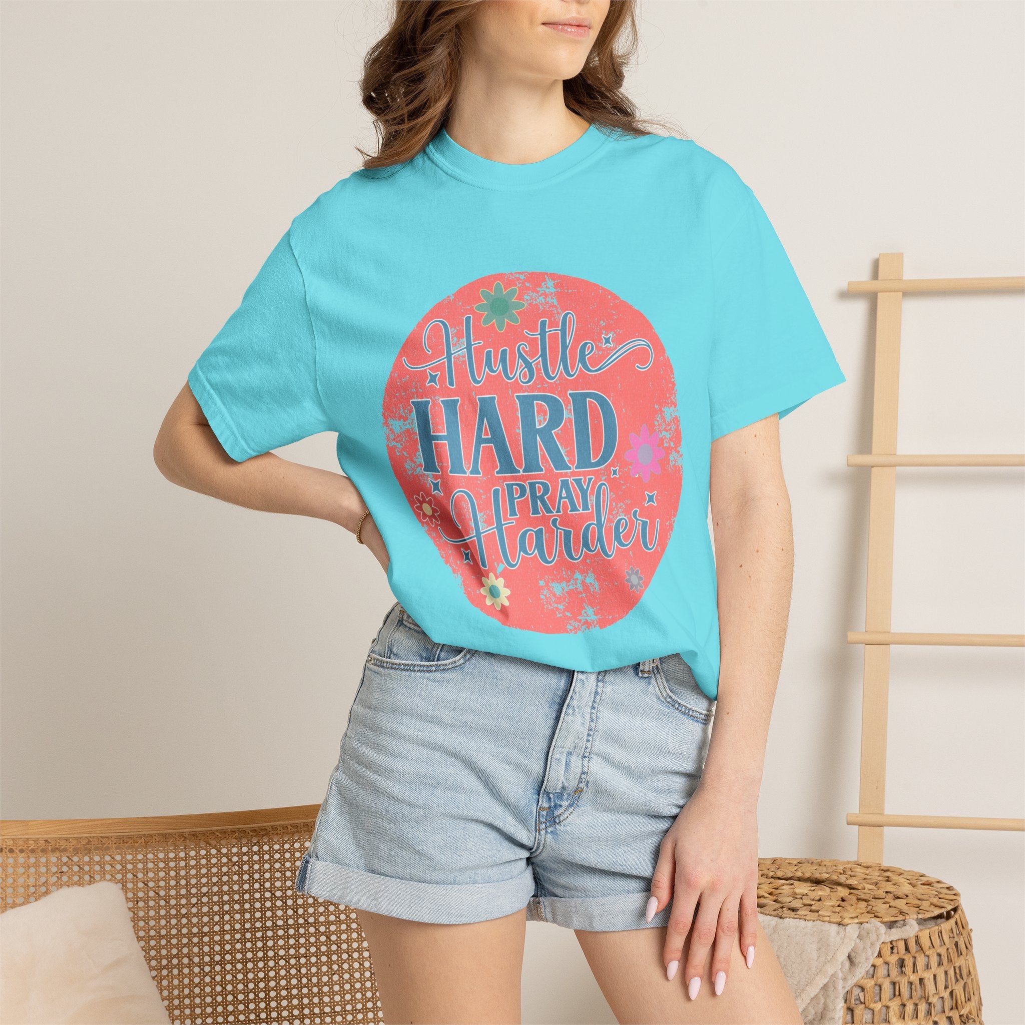 Textured Hustle Hard Pray Harder Tee — Inspirational Floral Graphic T-Shirt