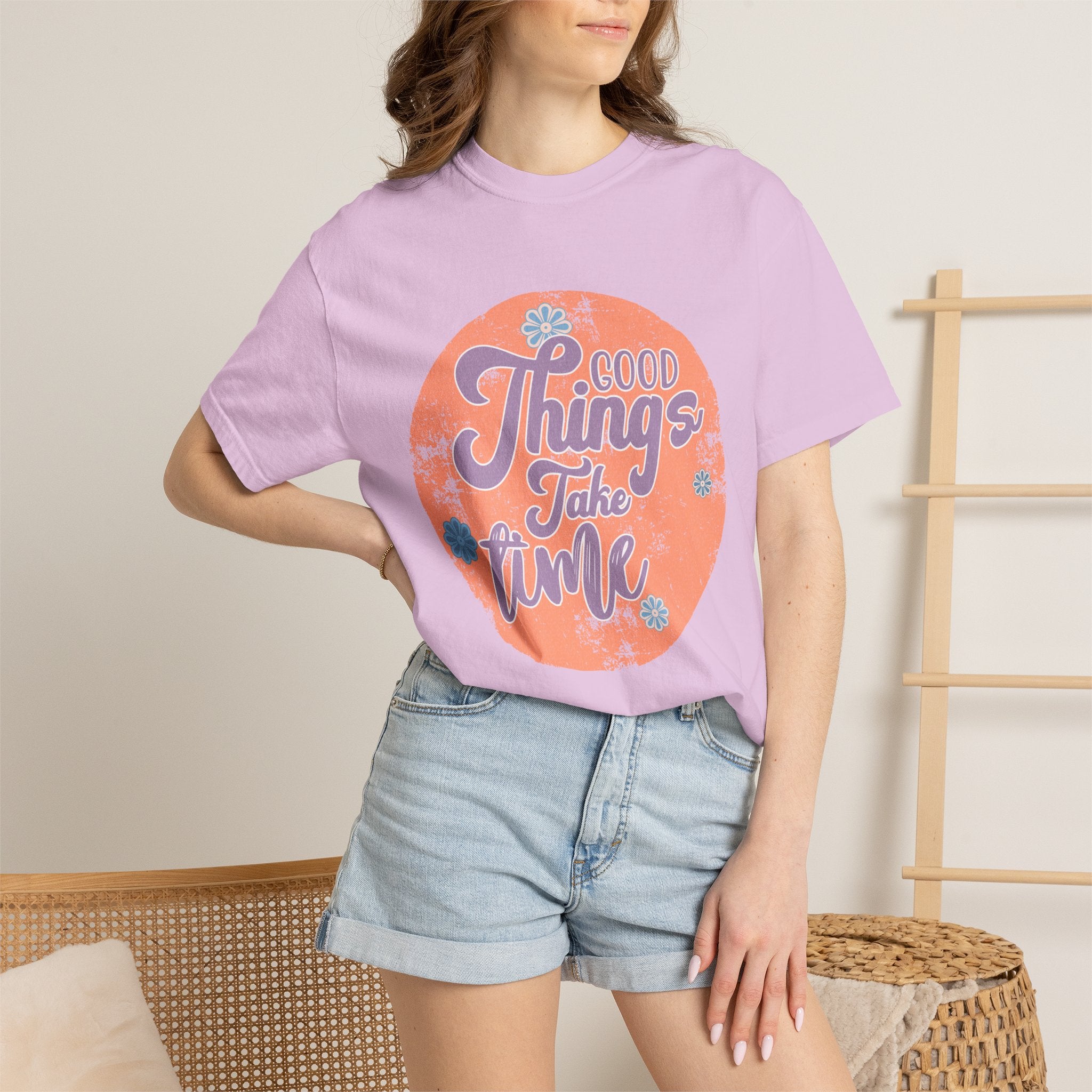 Good Things Take Time T-shirt | Textured Retro Script Circle Design