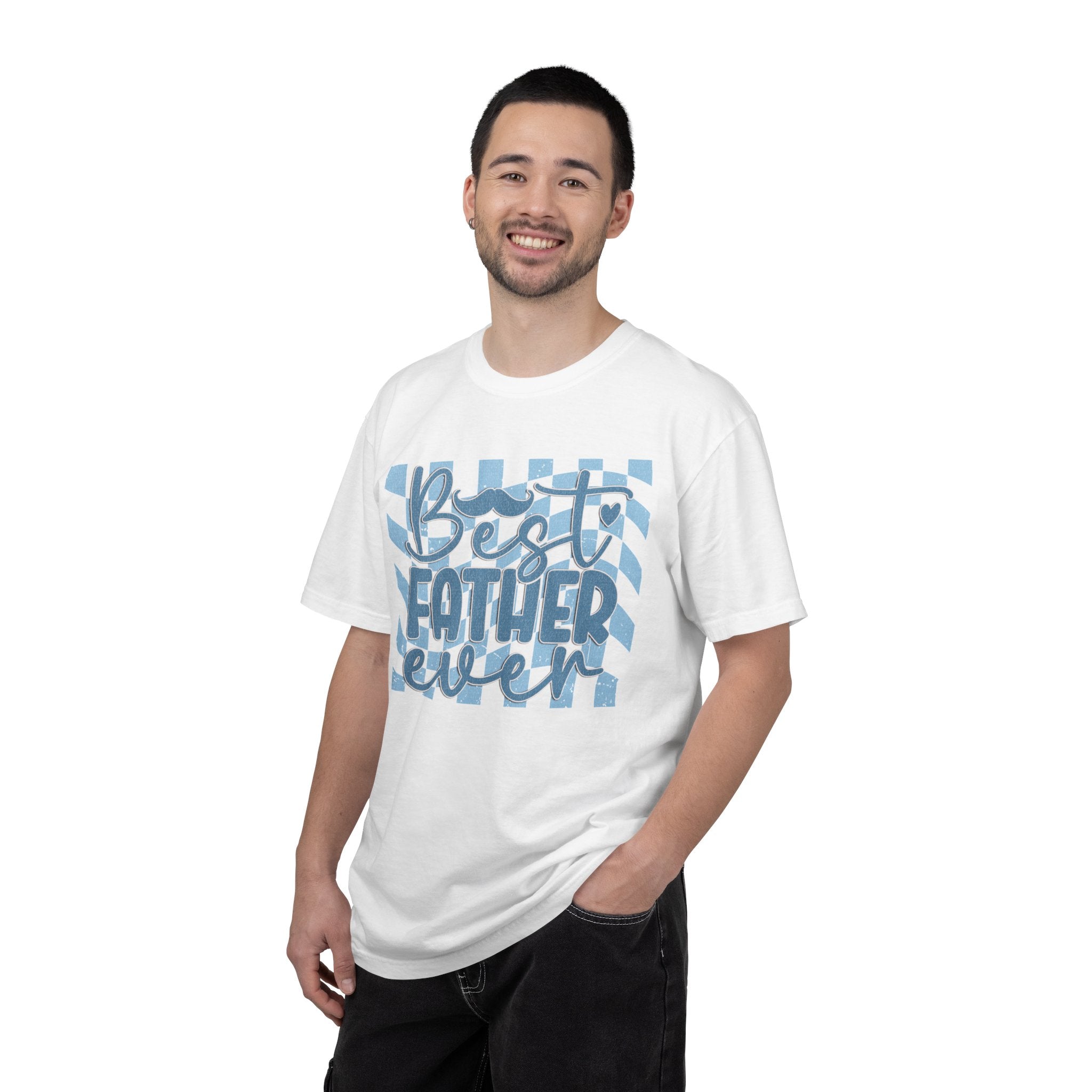 Textured Best Father Ever T-Shirt — Retro Blue Check Fathers Day Tee