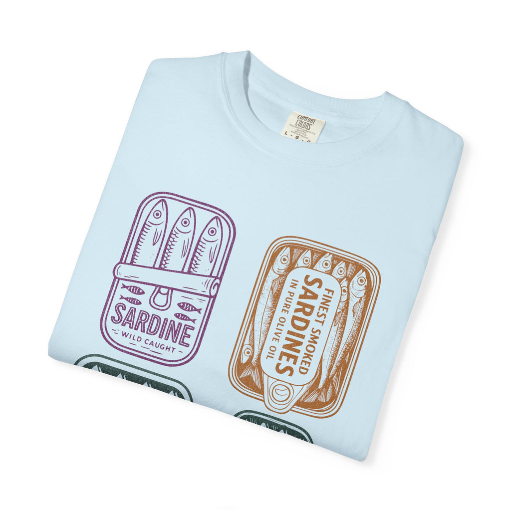 Sardine Tin Graphic Textured T-Shirt — Vintage Seafood Illustration Tee
