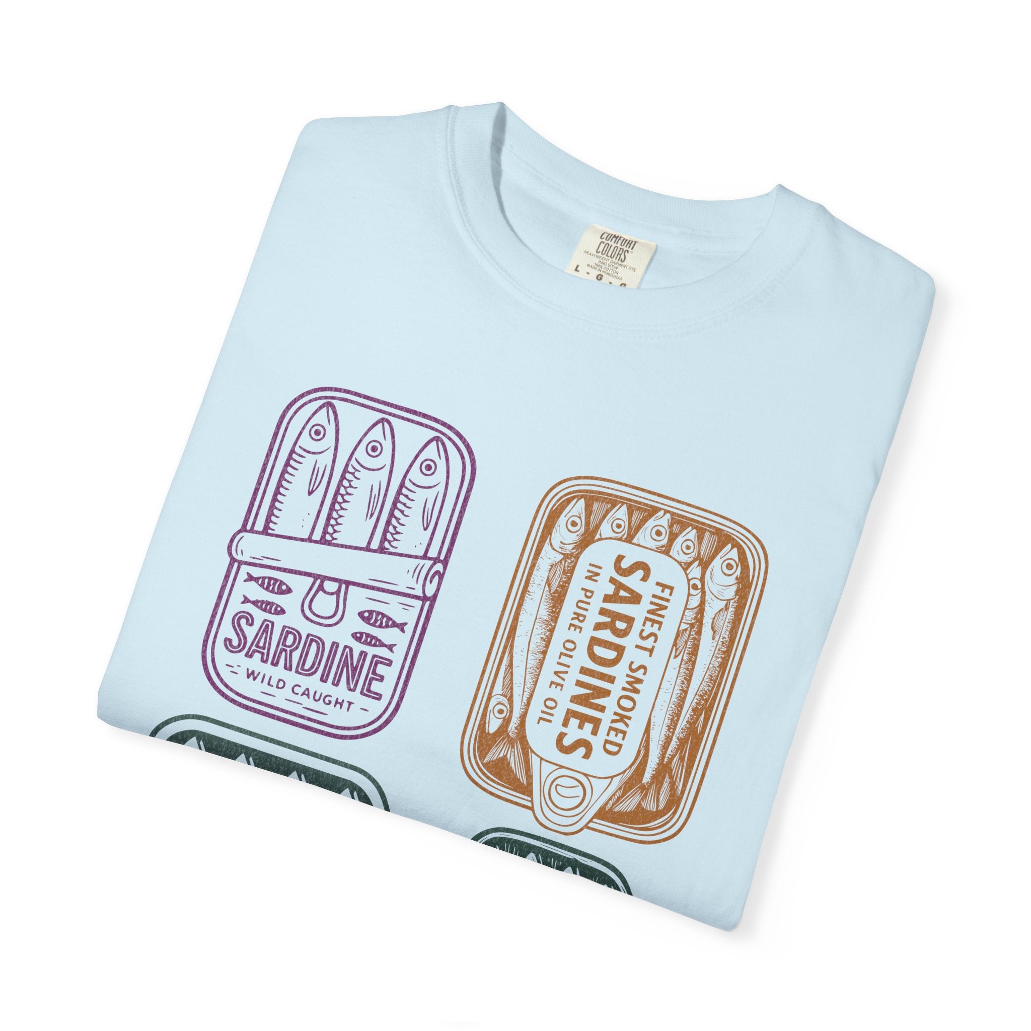 Sardine Tin Graphic Textured T-Shirt — Vintage Seafood Illustration Tee