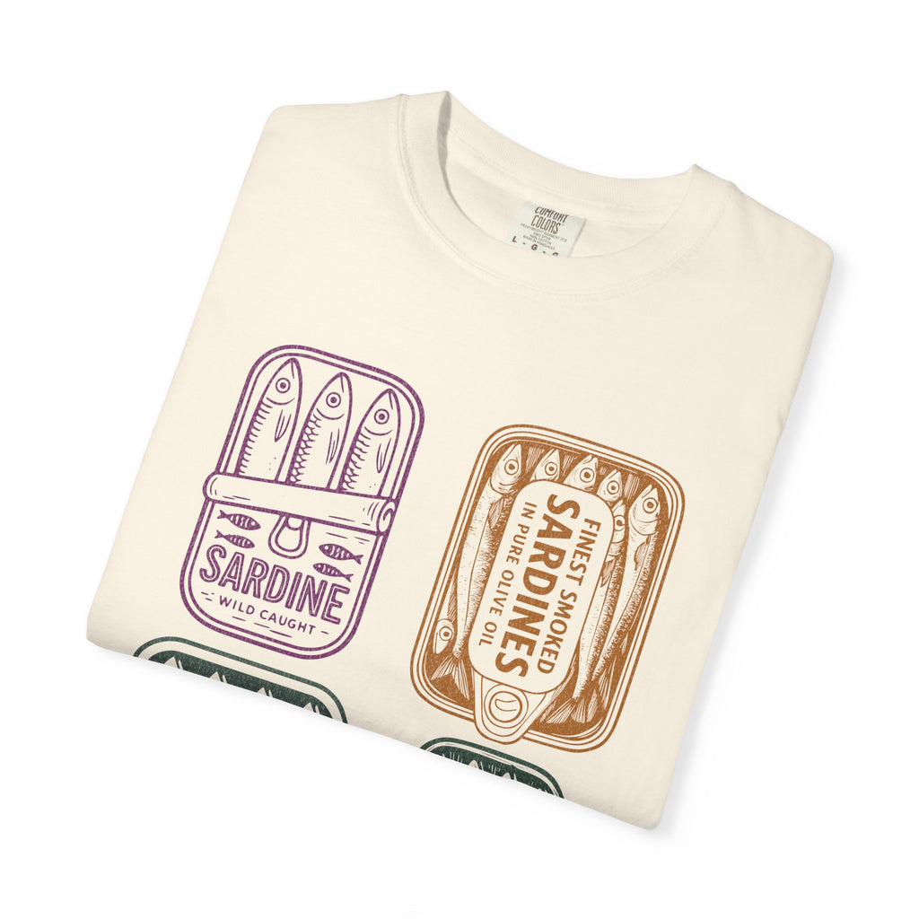 Sardine Tin Graphic Textured T-Shirt — Vintage Seafood Illustration Tee