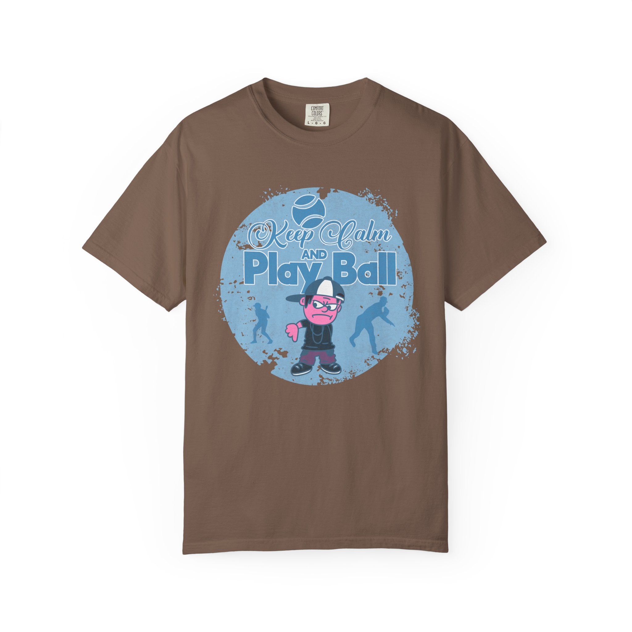 Textured Keep Calm and Play Ball Baseball T-Shirt — Cute Mascot Sports Tee for Kids & Fans