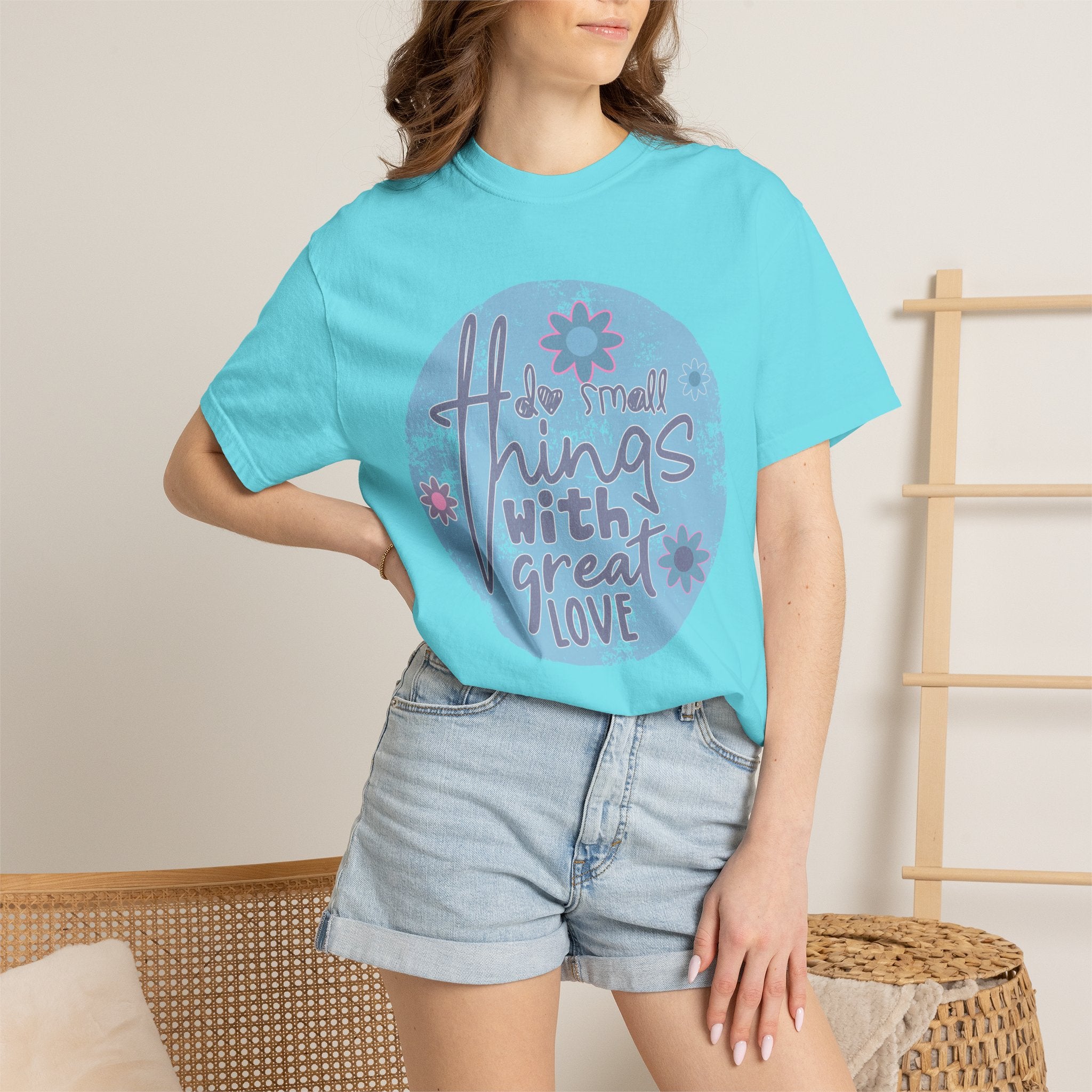 Textured Inspirational Graphic T-Shirt — "Do Small Things With Great Love" Floral Design