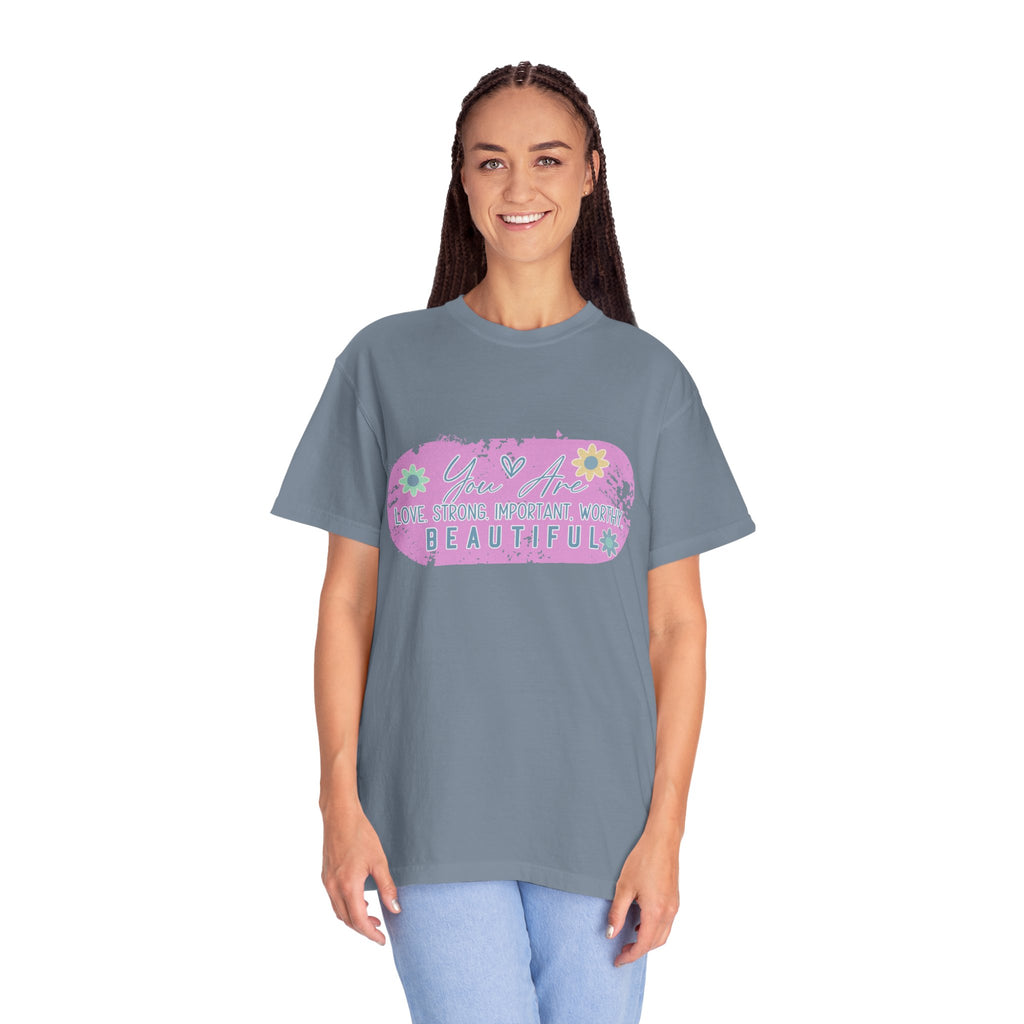 Textured T-Shirt — She is Brave, Strong, Worthy, Beautiful Floral Graphic Tee