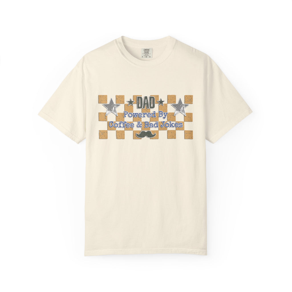 Dad Powered By Coffee & Bad Jokes Textured T-Shirt — Funny Fathers Day Gift