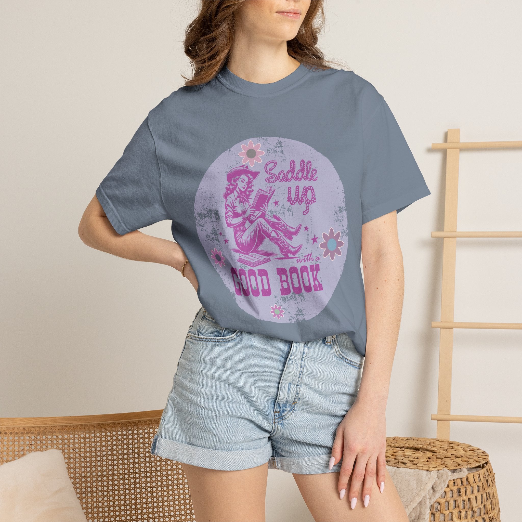 Textured T-Shirt — “Saddle Up Good Book” Retro Western Graphic Tee