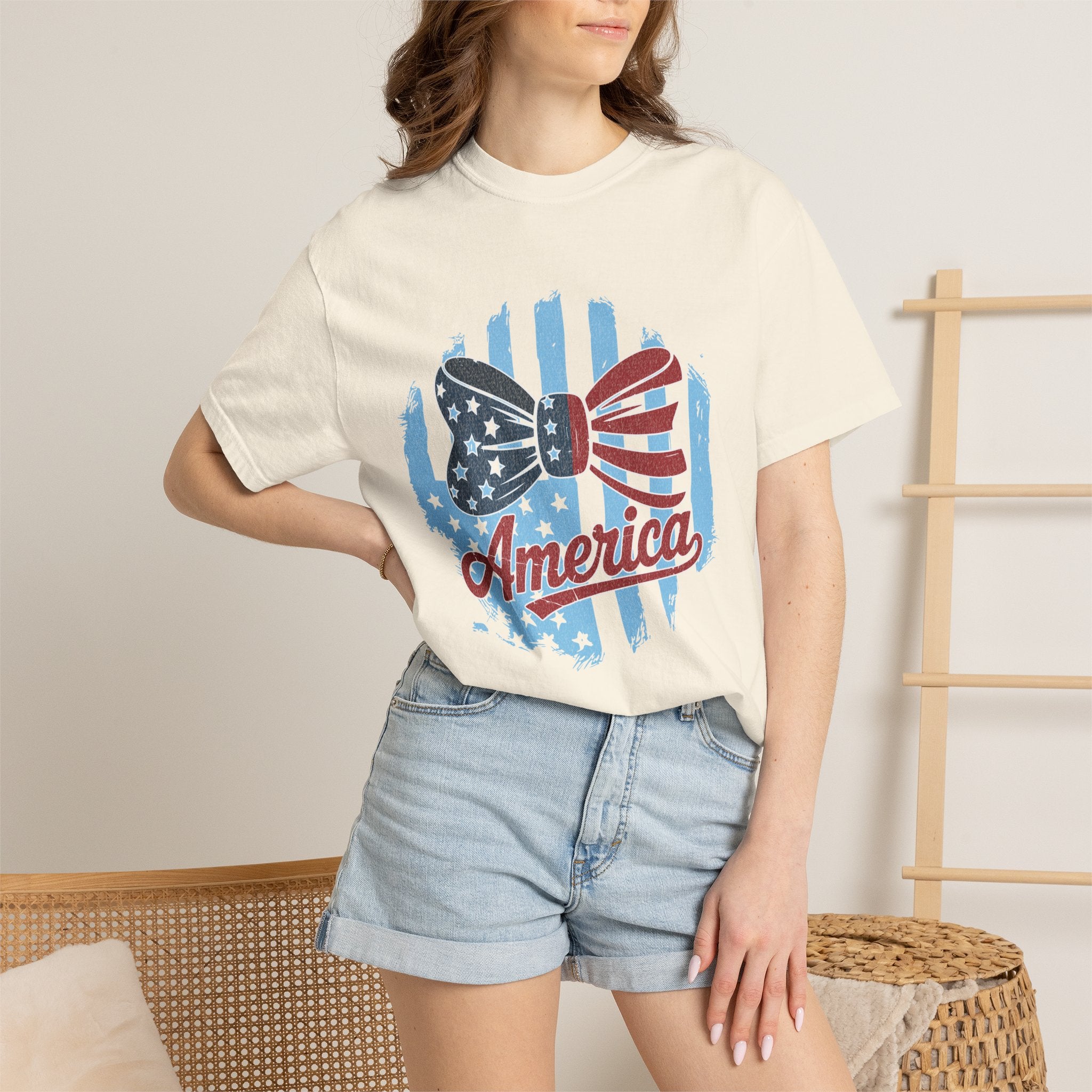 America Patriotic Bow Textured T-Shirt — USA Flag Graphic Tee for 4th of July