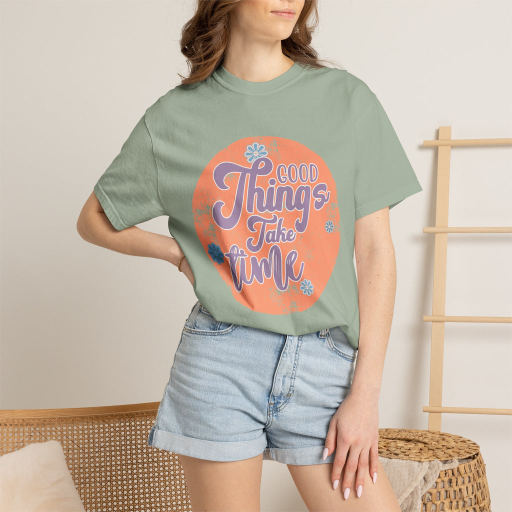Good Things Take Time T-shirt | Textured Retro Script Circle Design