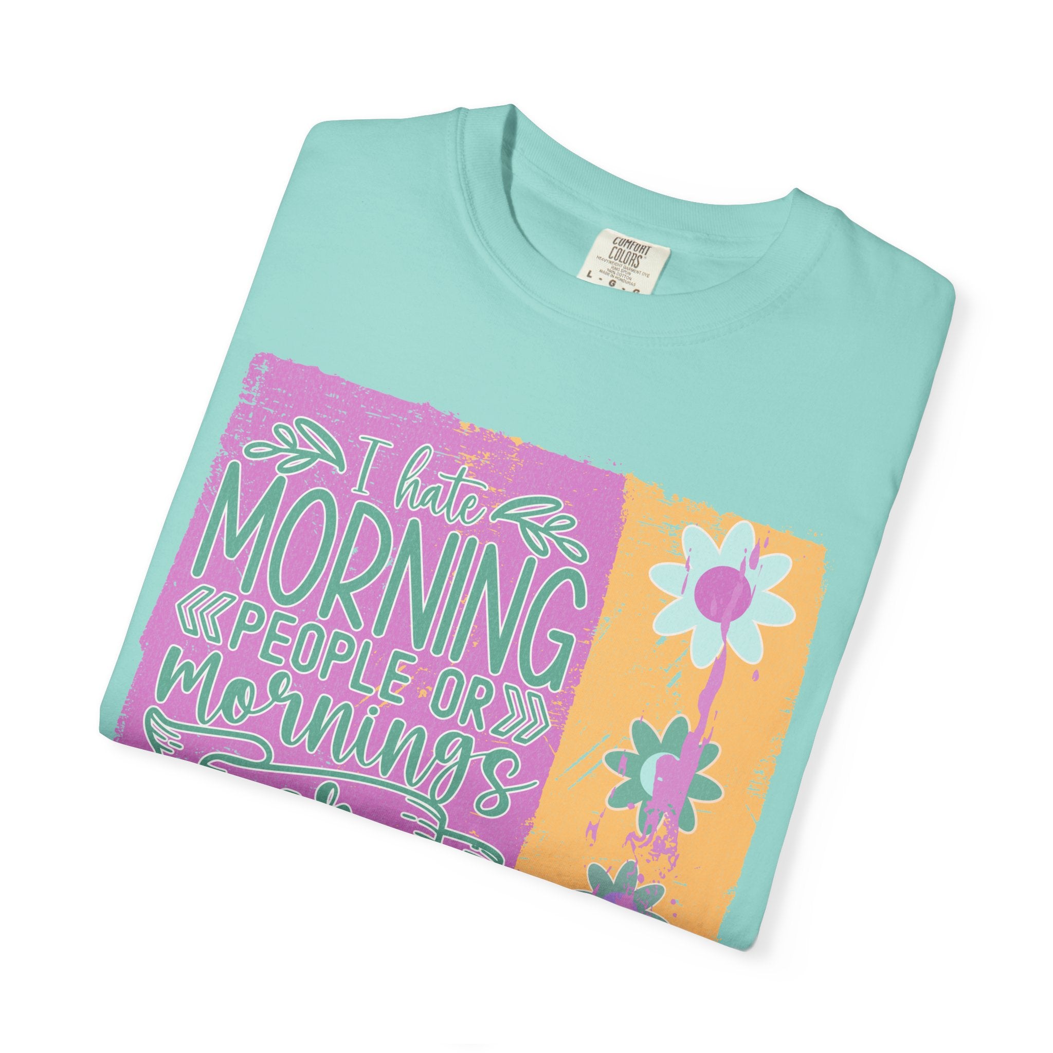 Graphic Textured T-Shirt — “Not a Morning Person” Retro Floral Block Design