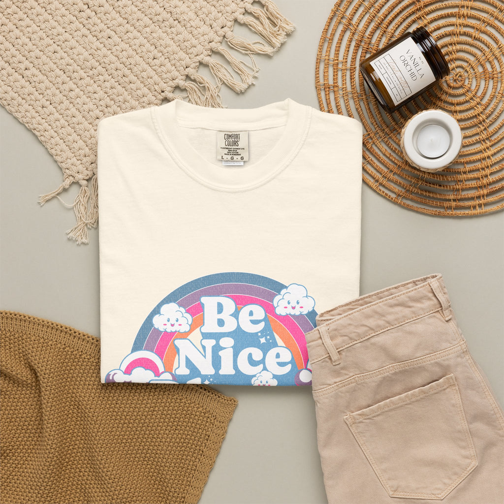 Be Nice Please Textured T-Shirt — Retro Rainbow Positive Message Tee