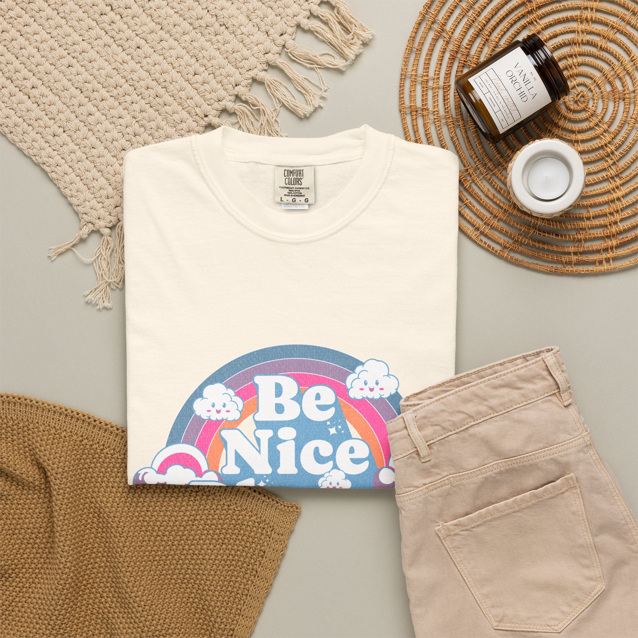 Be Nice Please Textured T-Shirt — Retro Rainbow Positive Message Tee