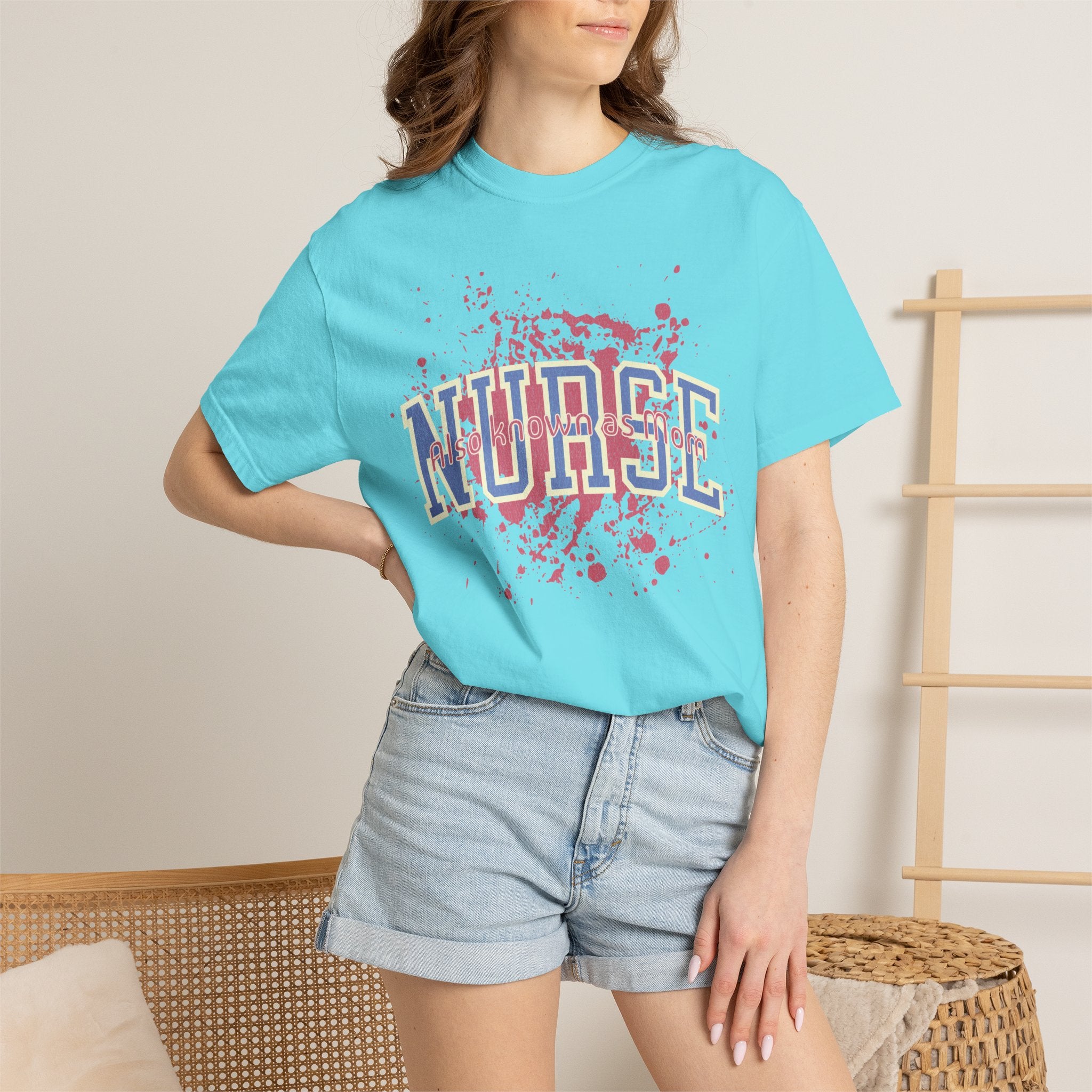 Nurse Also Known As Mom Textured T‑Shirt — Retro Collegiate Text with Paint Splatter