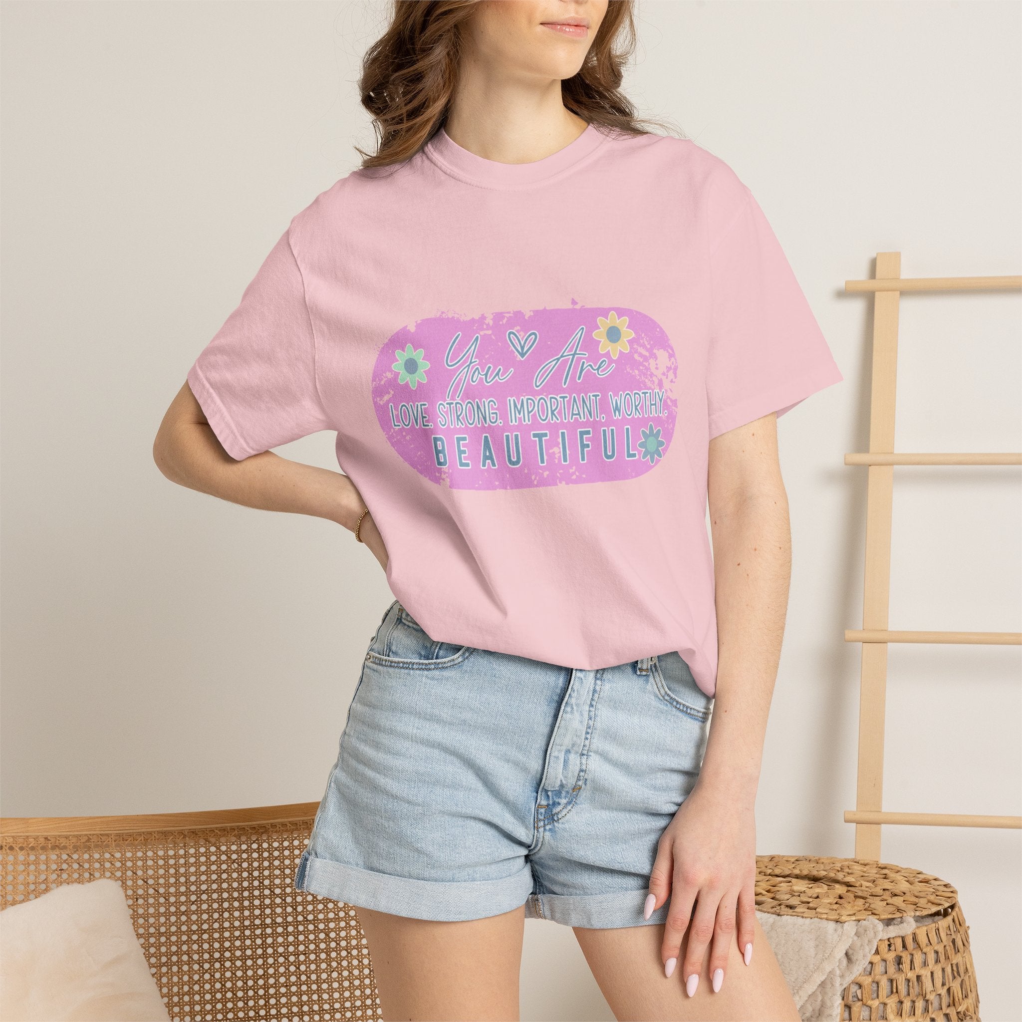Textured T-Shirt — She is Brave, Strong, Worthy, Beautiful Floral Graphic Tee