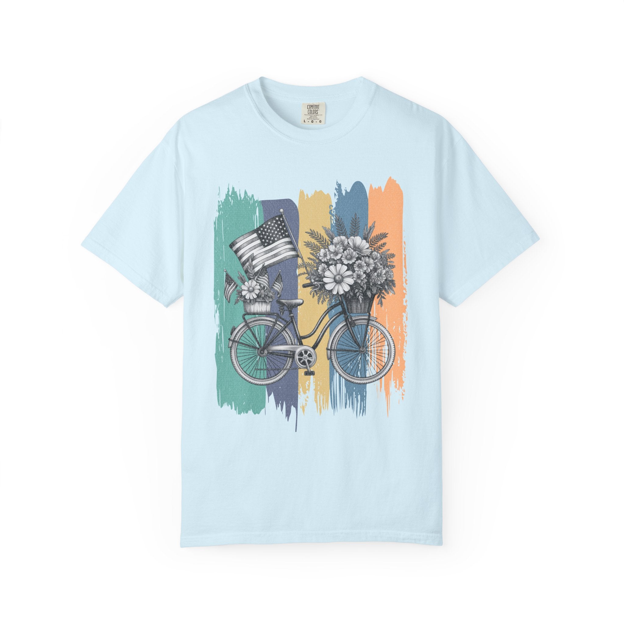 Textured Vintage Bicycle T-Shirt — Floral Basket & American Flag Graphic