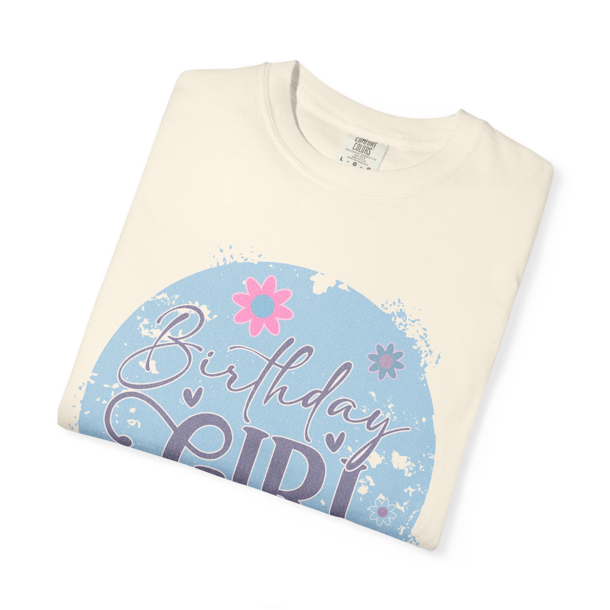 Birthday Girl Textured T-Shirt — Floral Blue Circle Graphic