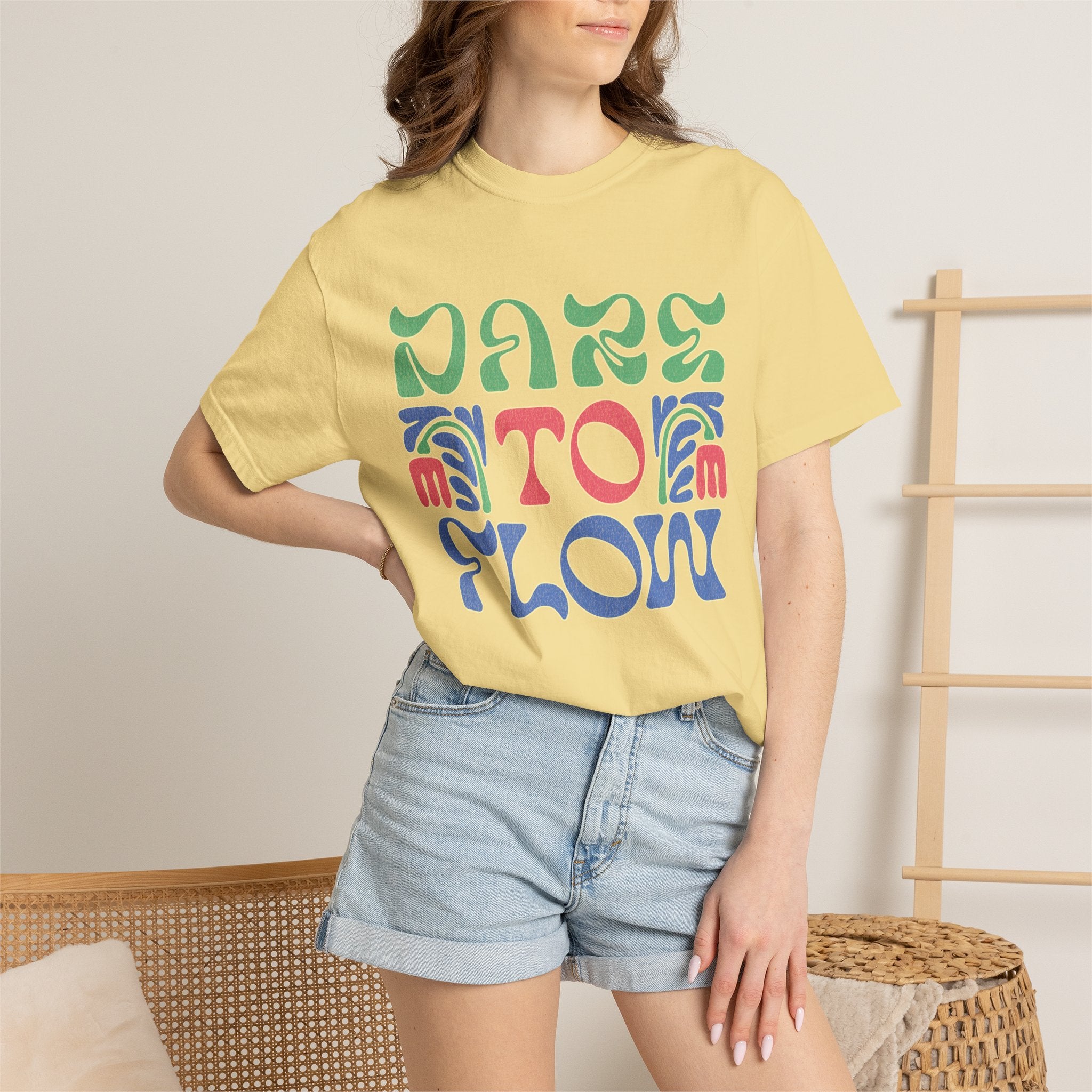 Textured Dare To Flow T-Shirt | Textured Retro Groovy Typography, Colorful Wave Design