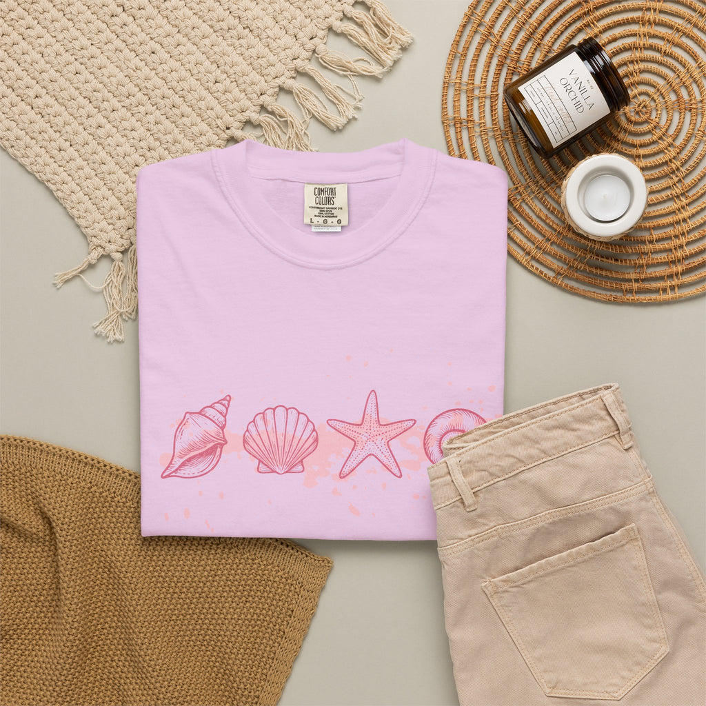 Textured Seashell Line Art T-Shirt — Pink Coastal Shells Graphic Tee