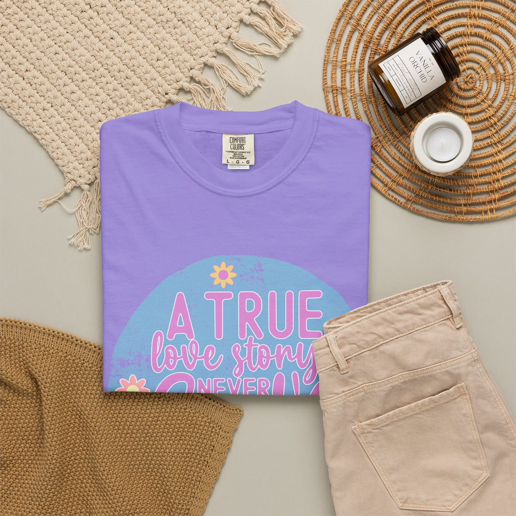 Textured T-Shirt — "A True Love Story Never Ends" Floral Graphic