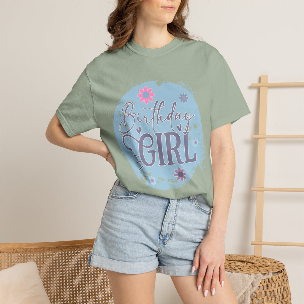 Birthday Girl Textured T-Shirt — Floral Blue Circle Graphic