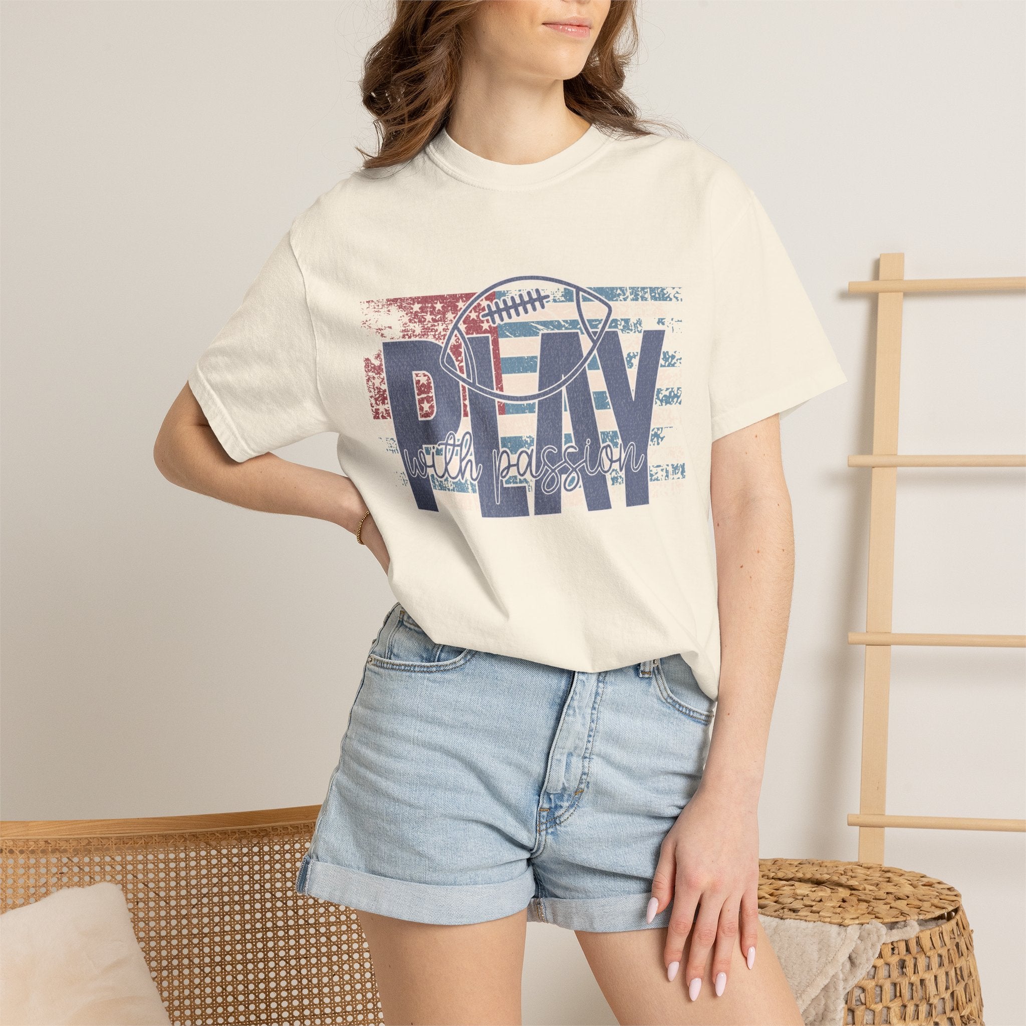 Play With Passion Football Textured Tee — Vintage American Flag Sports Tee