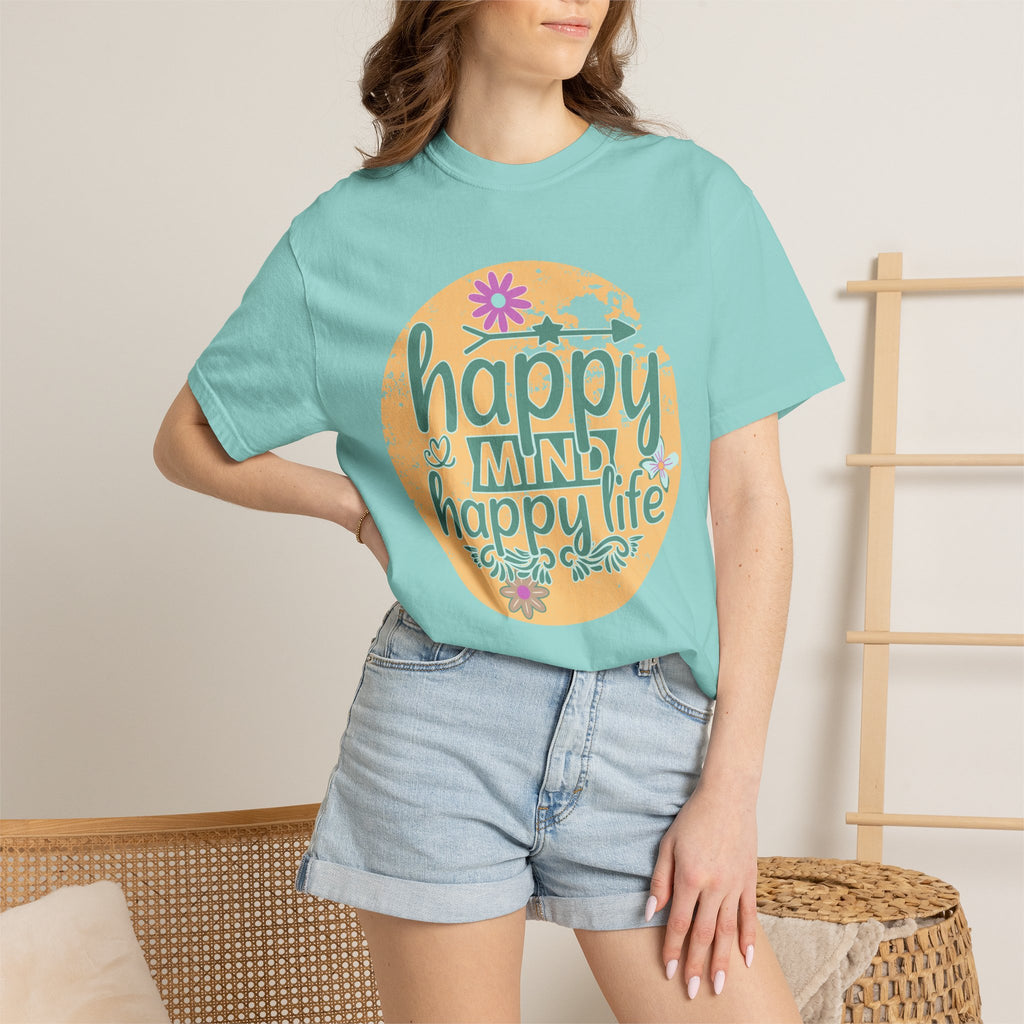 Happy Mind Happy Life Textured T-Shirt — Positive Vibes Floral Graphic Tee