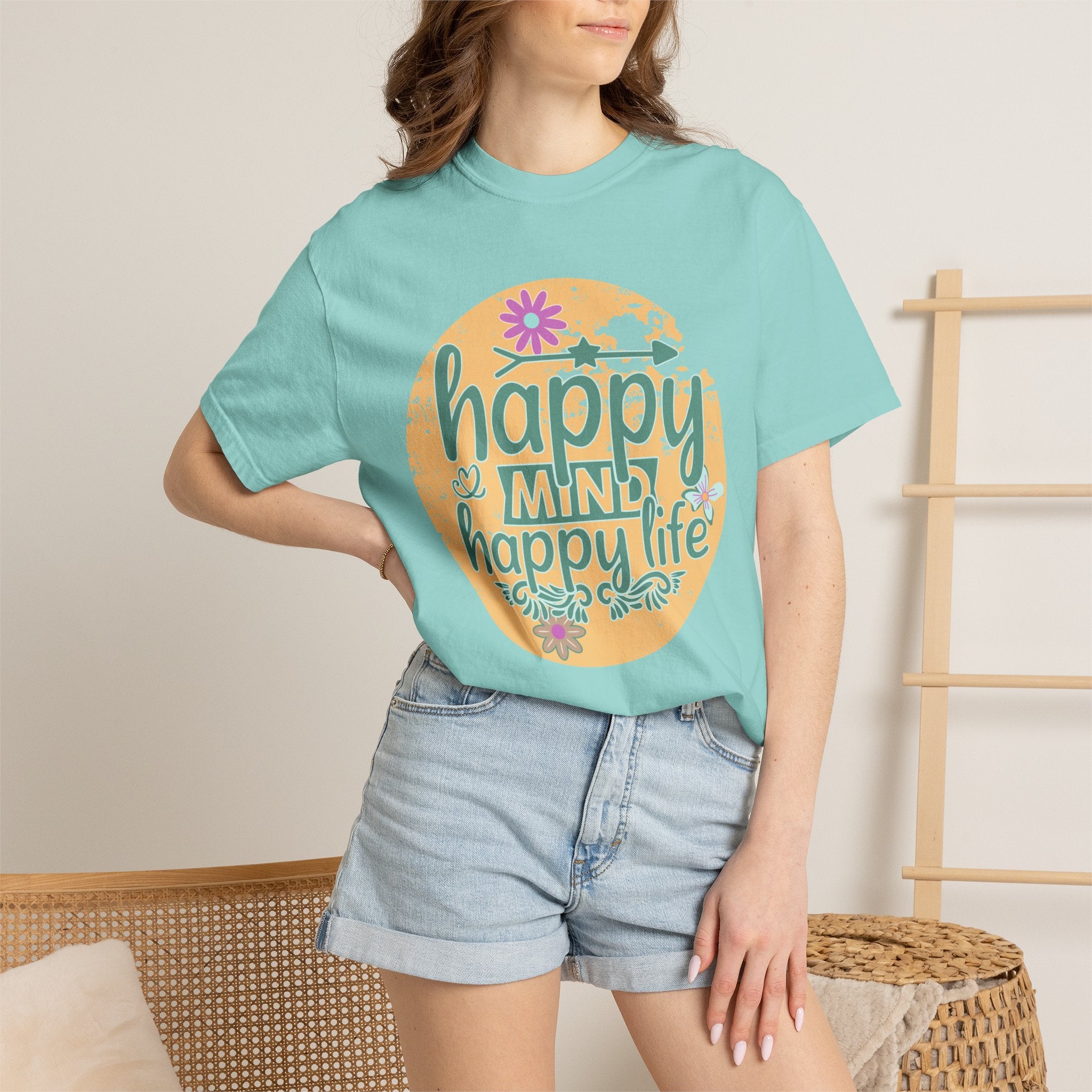 Happy Mind Happy Life Textured T-Shirt — Positive Vibes Floral Graphic Tee