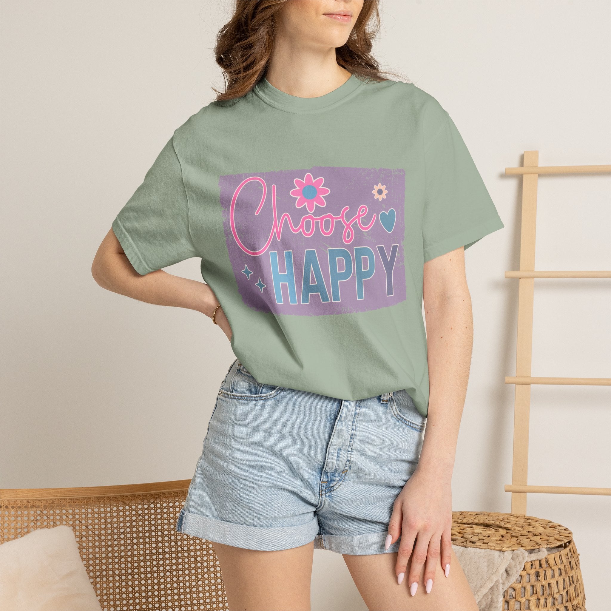Choose Happy Textured T-Shirt — Retro Floral Positive Message Tee