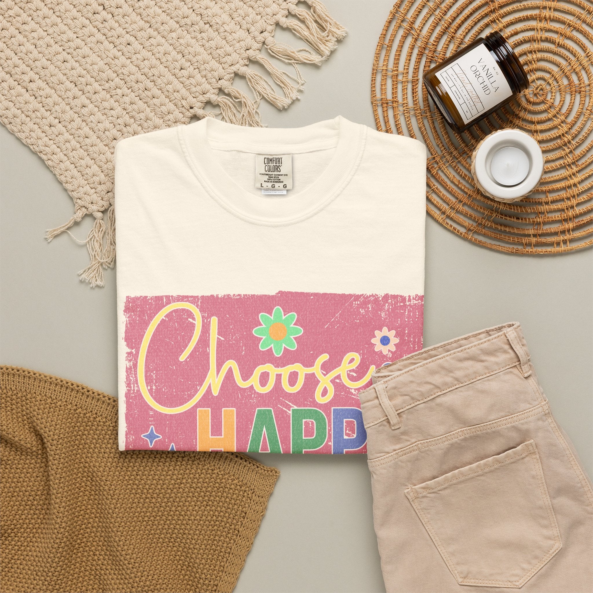 Choose Happy Textured T-Shirt – Retro Floral Positive Vibes Tee