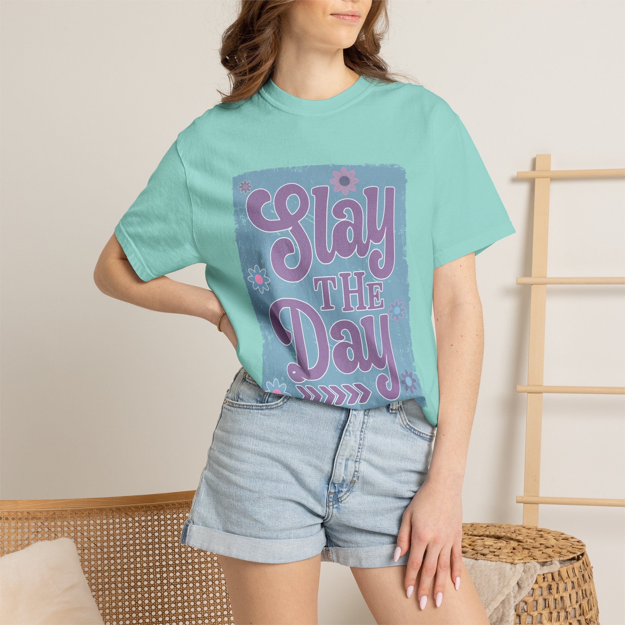 Textured Slay the Day Graphic T-Shirt — Retro Pastel Motivation Tee