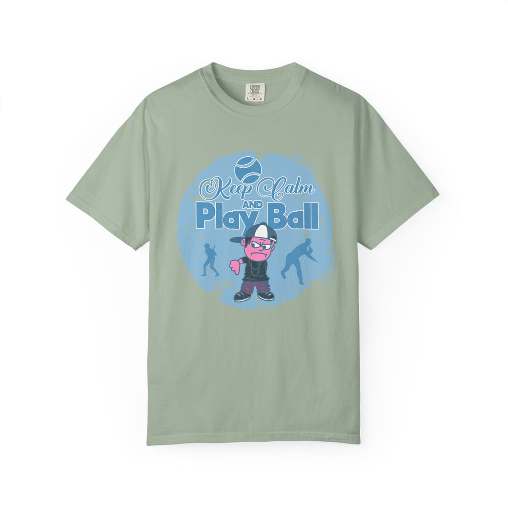 Textured Keep Calm and Play Ball Baseball T-Shirt — Cute Mascot Sports Tee for Kids & Fans