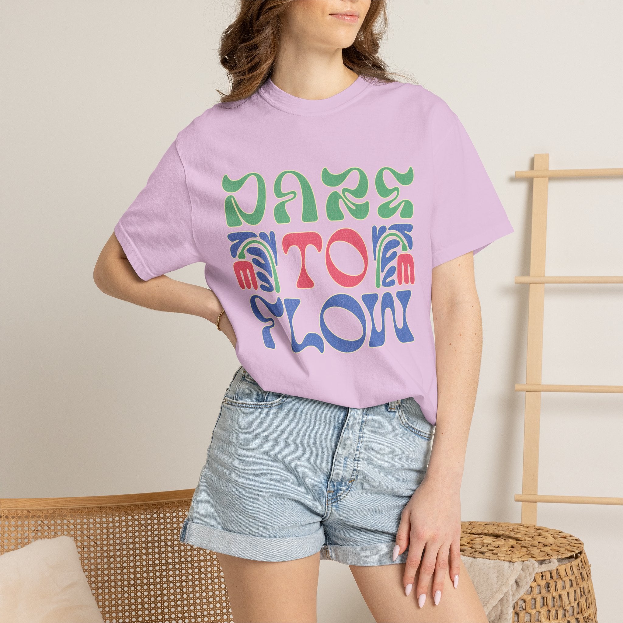 Textured Dare To Flow T-Shirt | Textured Retro Groovy Typography, Colorful Wave Design