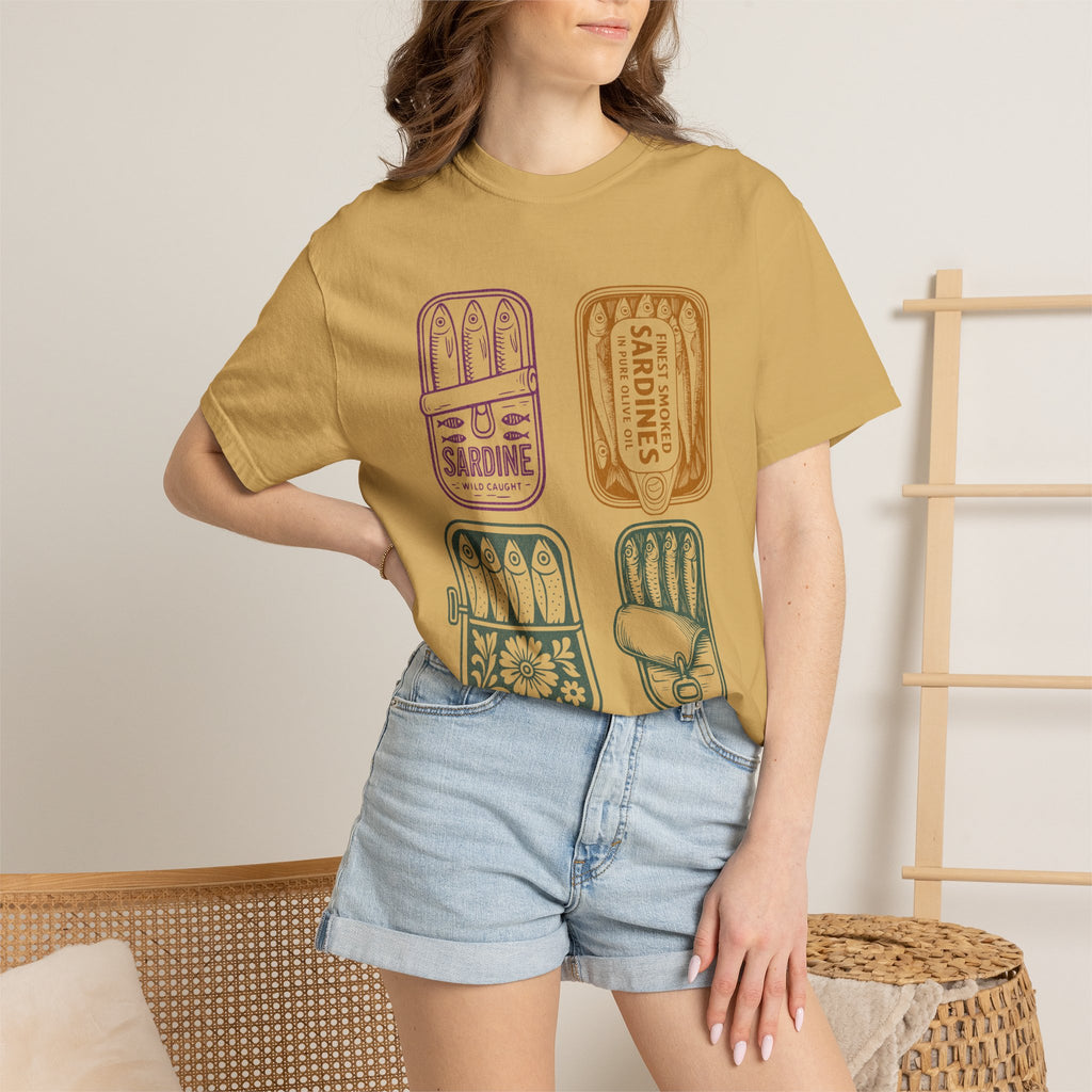 Sardine Tin Graphic Textured T-Shirt — Vintage Seafood Illustration Tee