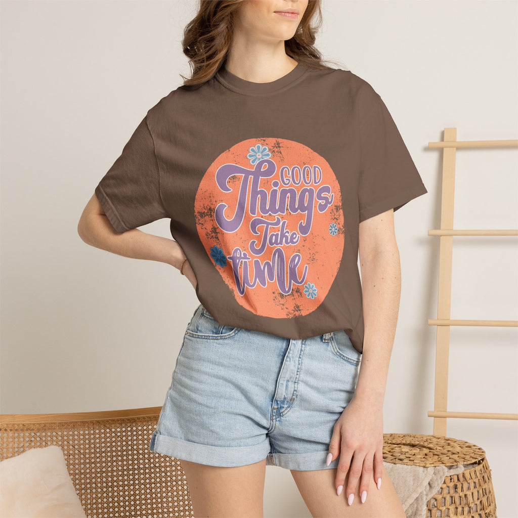 Good Things Take Time T-shirt | Textured Retro Script Circle Design