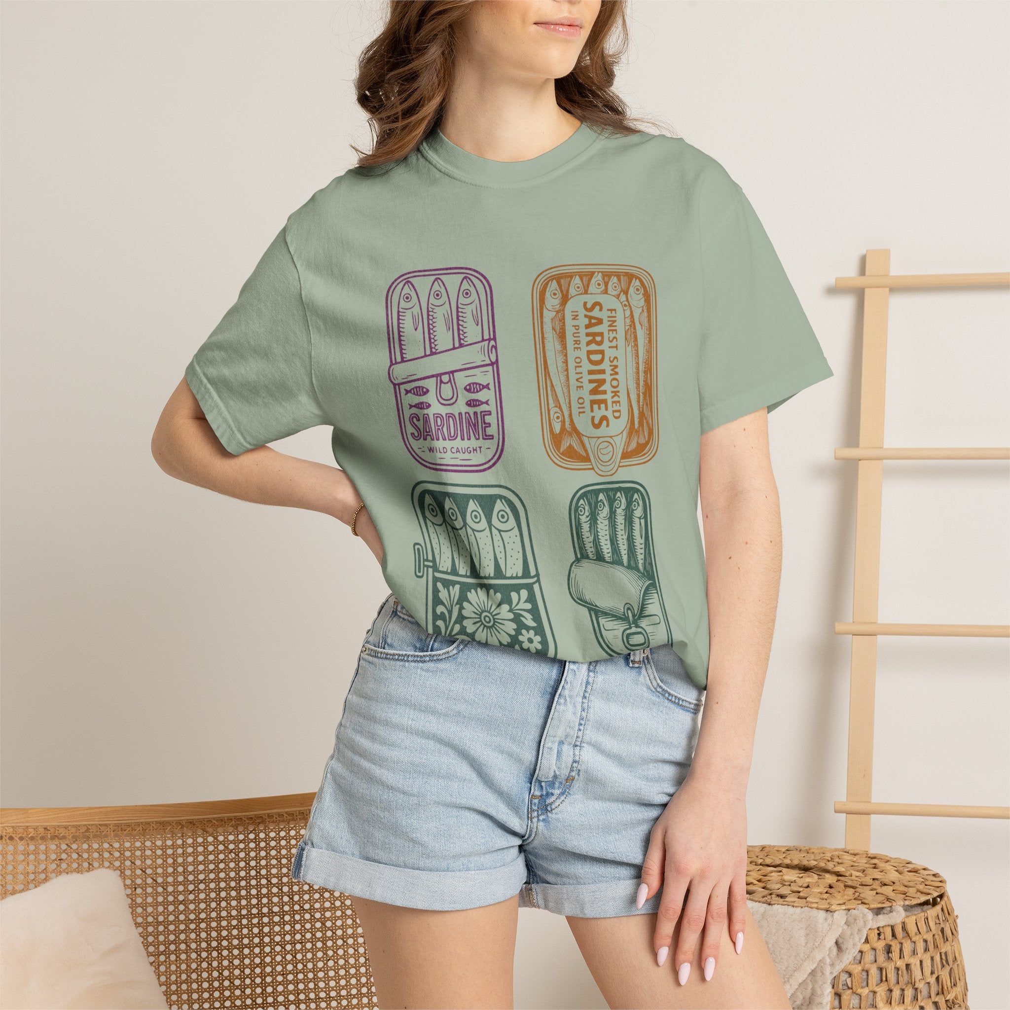 Sardine Tin Graphic Textured T-Shirt — Vintage Seafood Illustration Tee