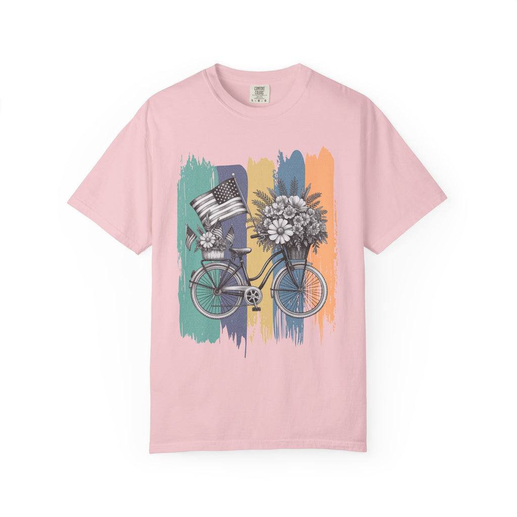 Textured Vintage Bicycle T-Shirt — Floral Basket & American Flag Graphic