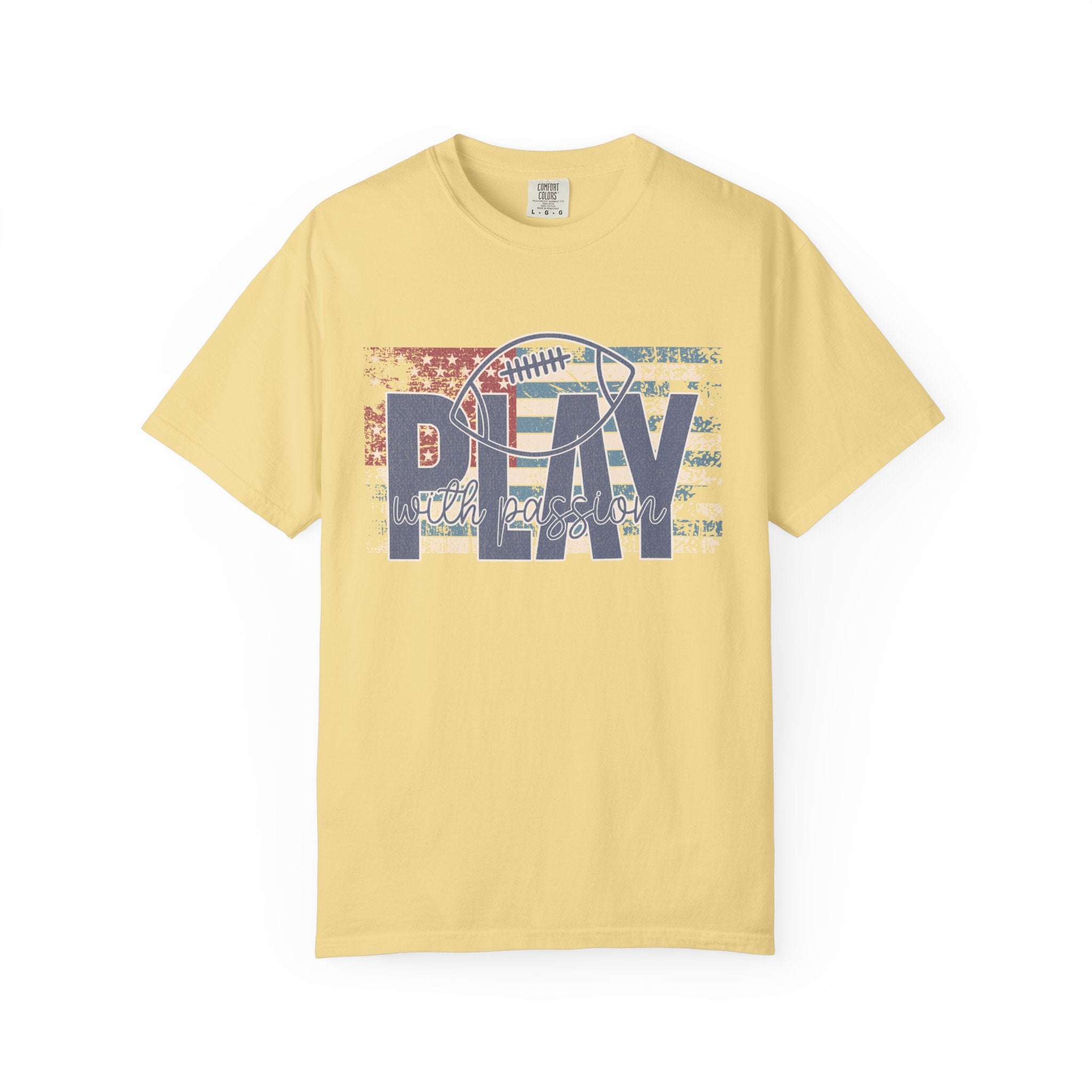 Play With Passion Football Textured Tee — Vintage American Flag Sports Tee