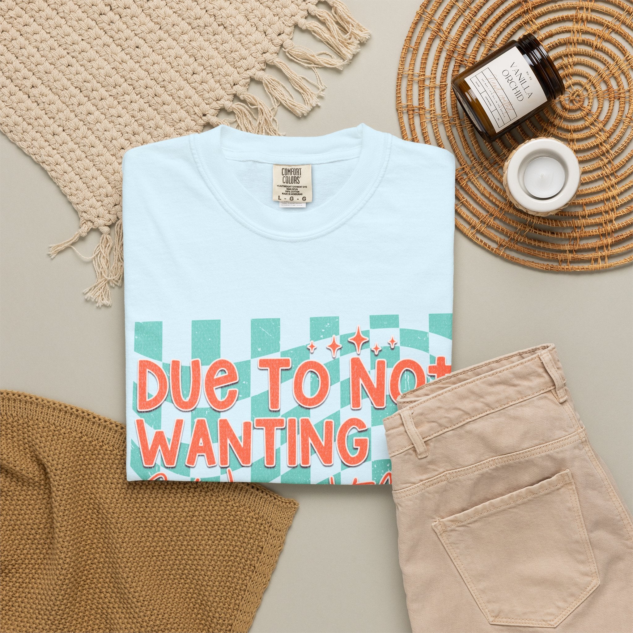 Textured T-Shirt — "Due to Not Wanting to, I Will Not Be" Checkered Graphic Tee